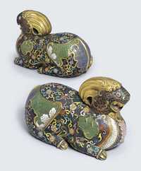 QIANLONG FOUR-CHARACTER MARKS AND OF THE PERIOD (1736-95) A PAIR OF RARE CLOISONN? ENAMEL MYTHICAL BEASTS